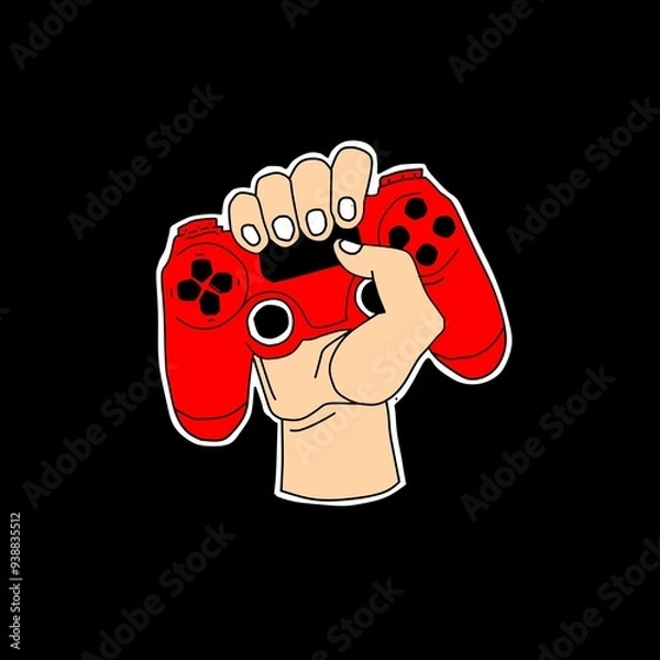Obraz Illustration of a hand holding a red game controller on a black background