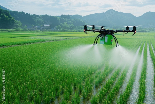 Fototapeta 水田の上を飛ぶ農業用ドローン。Generative AI
