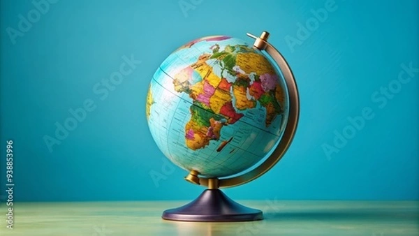 Fototapeta A miniature flat globe with vibrant colors and raised continents, placed on a light blue background, symbolizing exploration and global connectivity.
