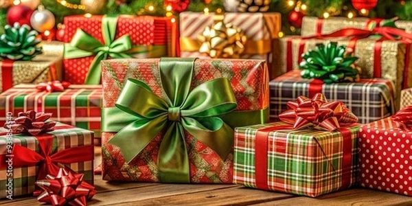 Fototapeta Beautifully wrapped Christmas presents with festive holiday wrapping paper, ribbons, and bows, containing surprises inside