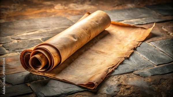 Fototapeta An Aged Parchment Scroll With Weathered Edges And Intricate Calligraphy, Unfurled And Lying Open On A Stone Surface