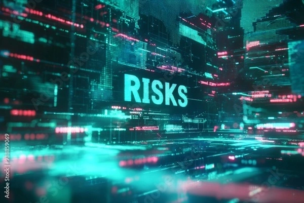 Fototapeta A text "RISKS" on a digital screen, representing uncertainty in technology. 