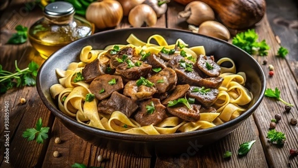 Fototapeta "Savory golden-brown beef strips, sautéed with mushrooms and onions, served with steaming egg noodles, garnished with parsley, on a dark rustic wooden table, dimly lit, warm atmosphere"