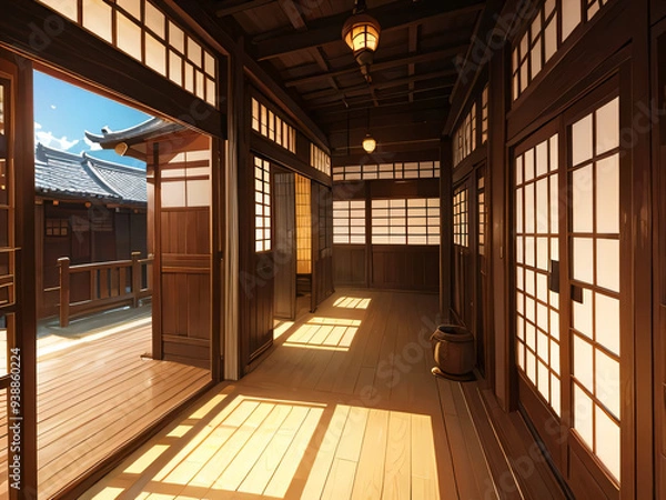 Obraz 朝の光の中の伝統的な日本家屋