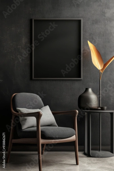 Fototapeta A black framed picture hangs on a wall. A chair is in front of the picture. A vase is on a table