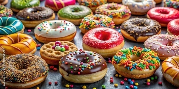 Fototapeta Colorful and delicious assortment of donuts with various flavors and toppings including sprinkles, icing, and frosting