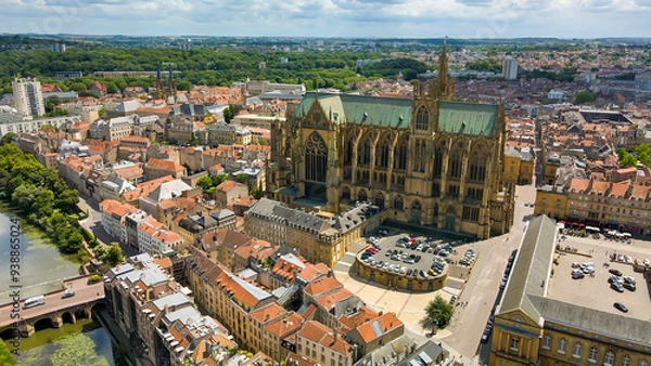 Fototapeta View from above to the city of Metz which is a town in France with a historical city center 