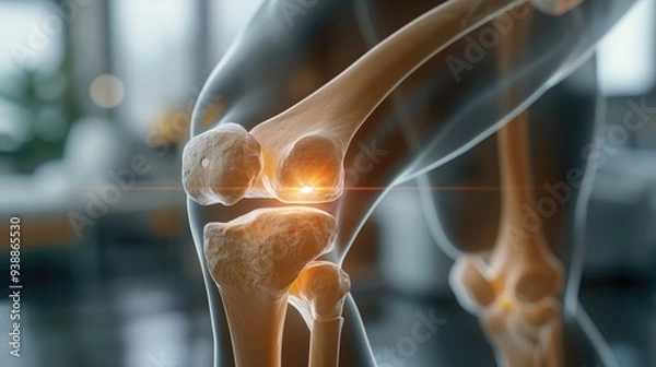 Fototapeta Augmented Reality Render of Human Knee Joint Highlighting Joint Pain and Inflammation in a High-Tech Medical Illustration