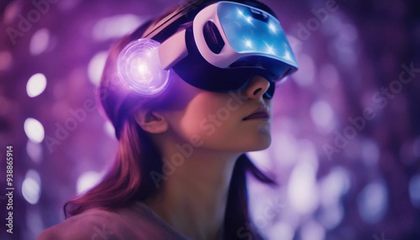 Obraz A close-up of a person wearing futuristic virtual reality goggles, with beams of light streaming