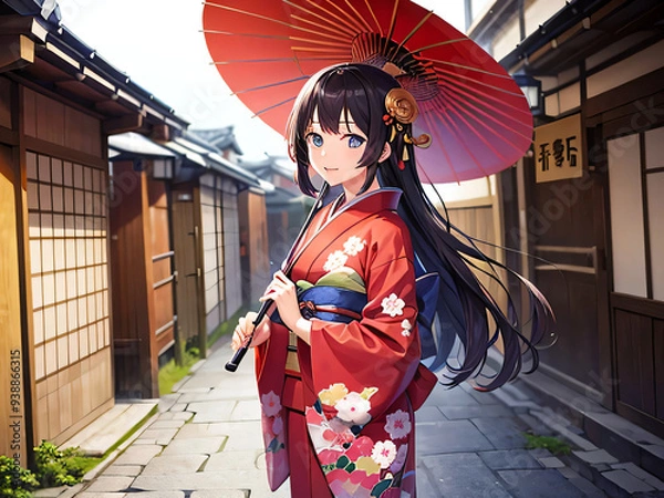 Obraz 着物を着て和傘を持った日本の女の子