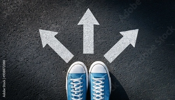 Fototapeta Sneakers shoes and arrows pointing in different directions on asphalt floor, life and studies choice for young people concept