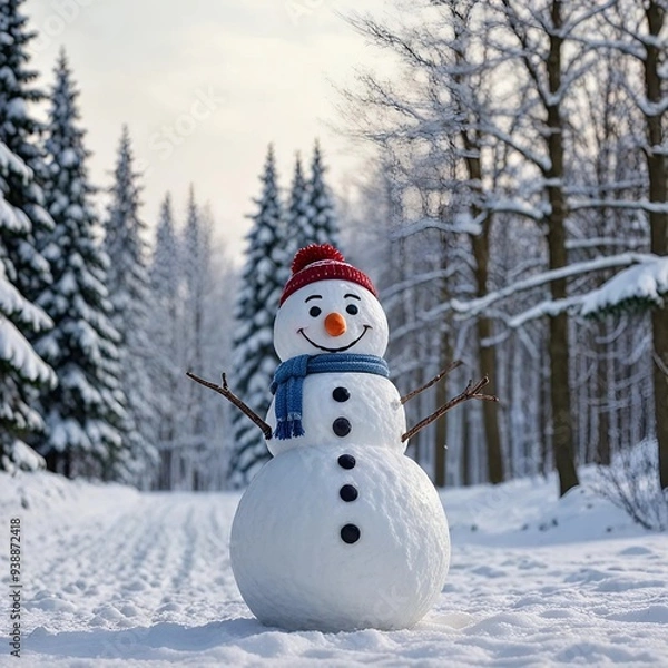 Fototapeta A snowman in a snowy forest 