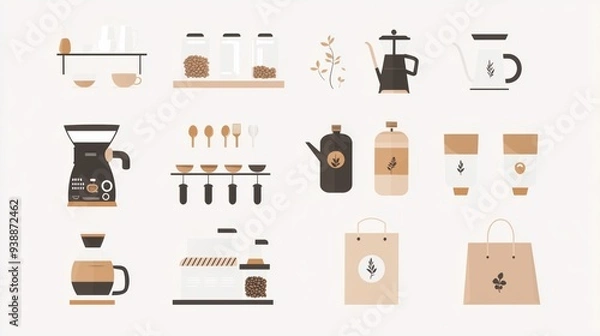 Obraz Minimalist vector illustrations of coffee tools and beans, featuring a hand-drawn doodle style with simple shapes, including a coffee machine, French press, dripping pot, coffee bag