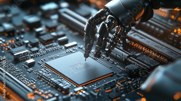 Fototapeta CPU inside a circuit board factory. This image is part of a series showcasing semiconductors and microchips being installed by robots on a motherboard, illustrating advanced manufacturing processes 