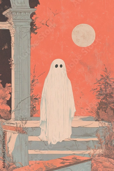 Fototapeta cute halloween illustration of a little ghost spirit in everyday settings for children kids books in warm orange and pink pastel colours in autumn seasonal setting at home