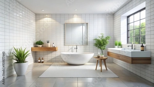 Fototapeta Clean and modern white bathroom tiles with seamless joints, perfect for a spa-like ambiance, creating a sense of serenity and calmness in any bathroom setting.