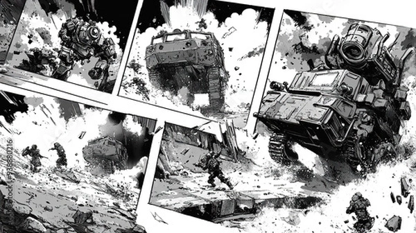 Obraz Black and white comic book page depicting intense armored combat scenes