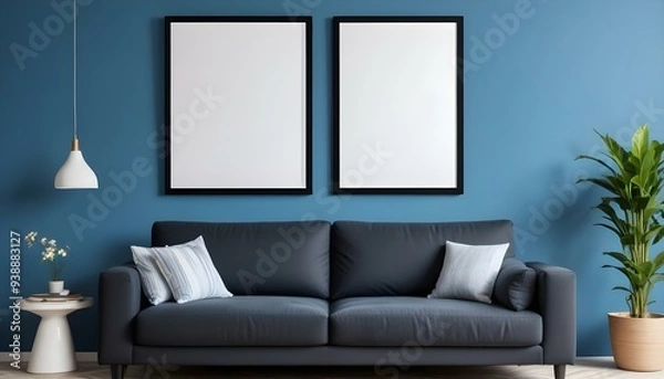 Fototapeta Interior mockup In a white room a blue sofa is placed next to a photo frame on the wall