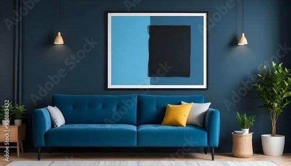 Fototapeta Interior mockup In a white room a blue sofa is placed next to a photo frame on the wall