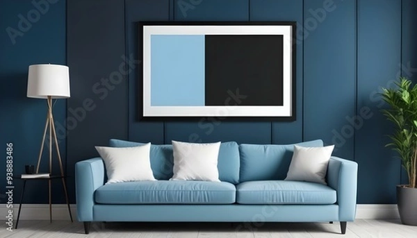 Fototapeta Interior mockup In a white room a blue sofa is placed next to a photo frame on the wall