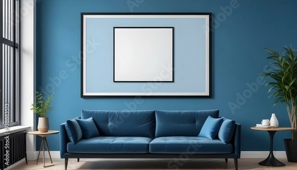 Fototapeta Interior mockup In a white room a blue sofa is placed next to a photo frame on the wall