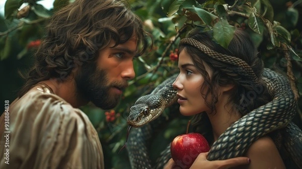 Fototapeta Adam and Eva Intently Gaze at Each Other in a Mystical Forest Setting with a Snake and Apples,  Bible stories