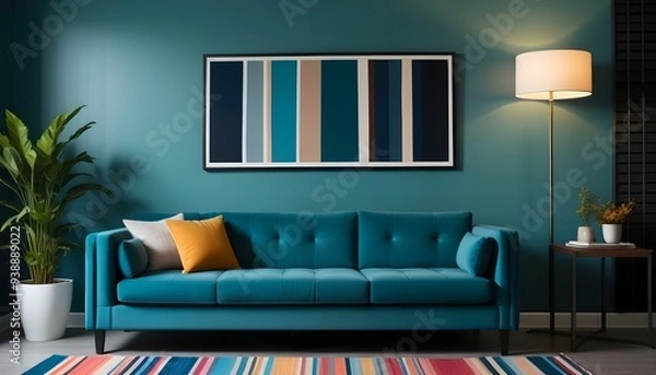 Fototapeta Interior mockup In a white room a blue sofa is placed next to a photo frame on the wall