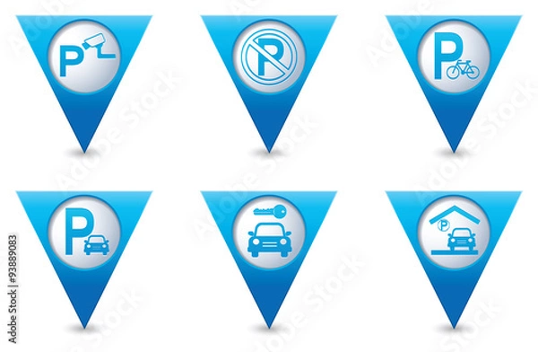 Fototapeta Parking sign on blue triangular map pointers. Vector illustration
