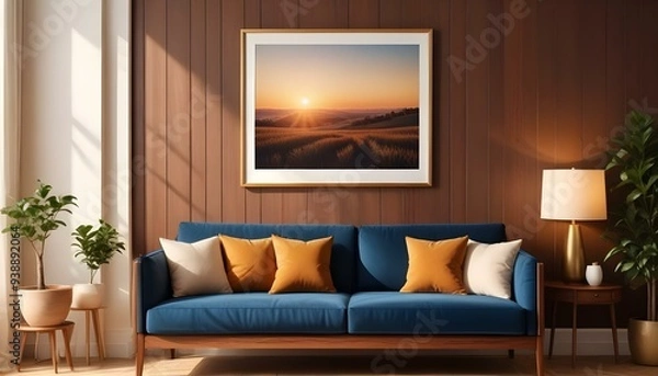 Fototapeta Interior mockup In a white room a blue sofa is placed next to a photo frame on the wall