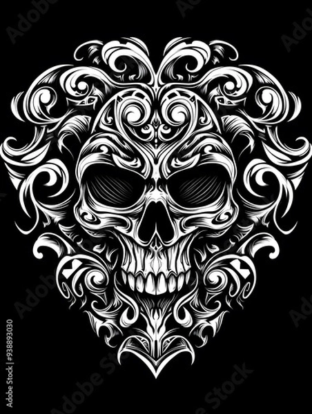 Fototapeta Tribal Skull and Baroque Patterns Tattoo symmetry layout illustration