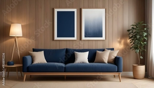 Fototapeta Interior mockup In a white room a blue sofa is placed next to a photo frame on the wall