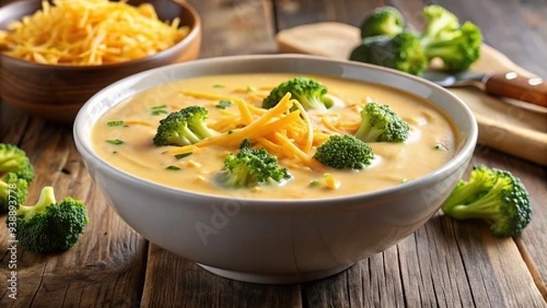 Fototapeta Creamy Cheddar Soup Swirled With Tender Broccoli Florets, Garnished With A Sprinkling Of Grated Cheddar Cheese