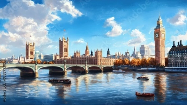Fototapeta A painting of London with the Big Ben clock tower in the background