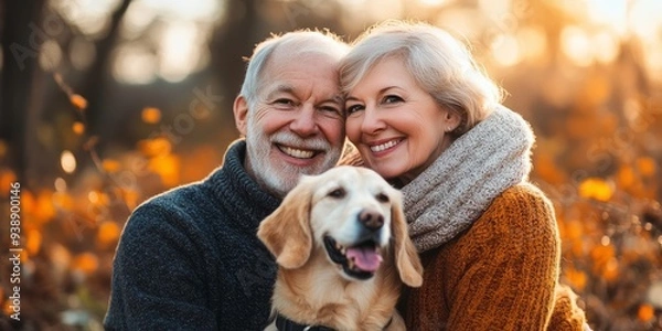 Obraz A man and a woman are sitting in a field with a golden retriever. A happy senior couple with their dog.