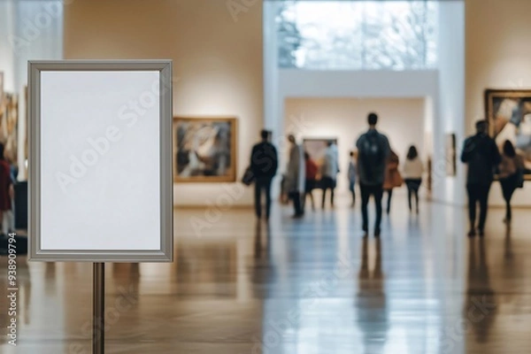 Fototapeta Blank signboard in the foreground of an art gallery with people blurred in the background admiring paintings