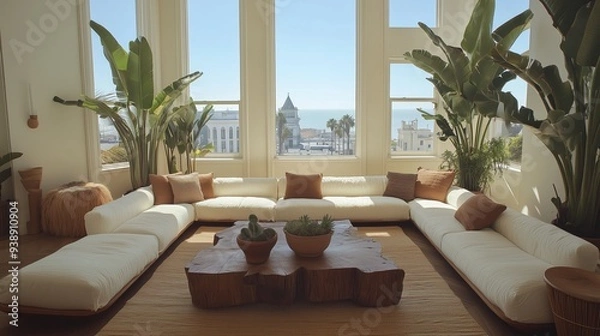 Obraz A stylish, minimalist living room decorated with sustainable furniture, such as a reclaimed wood coffee table, organic cotton cushions, and potted plants that purify the air