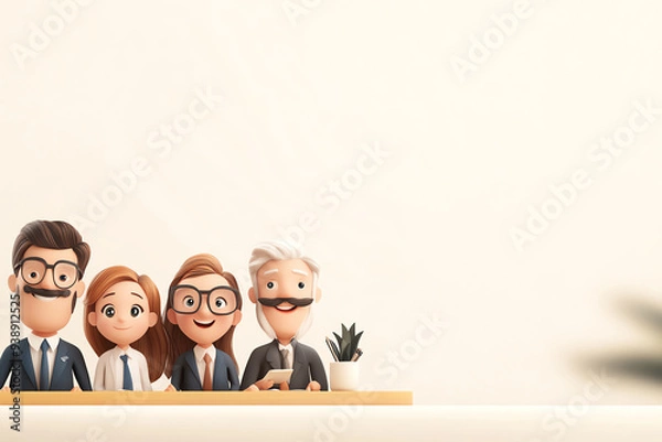 Fototapeta A cheerful team of four cartoon characters in business attire, sitting together with a plant on the table against a minimalistic background.