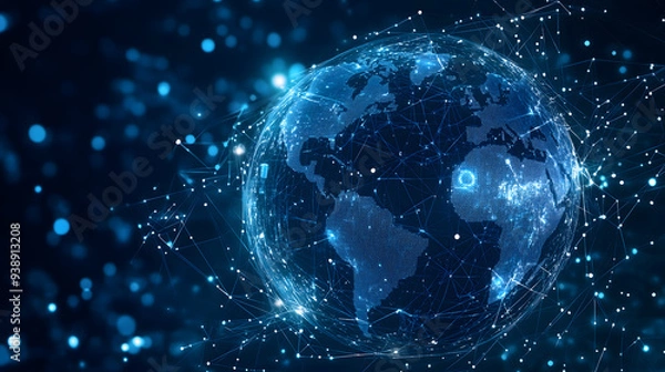 Fototapeta Futuristic globe with digital graphic network technology background. AI generated image