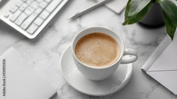 Fototapeta Email Marketing,  A desk scene featuring an email marketing campaign plan, a cup of coffee, and digital marketing strategy tools for effective automation