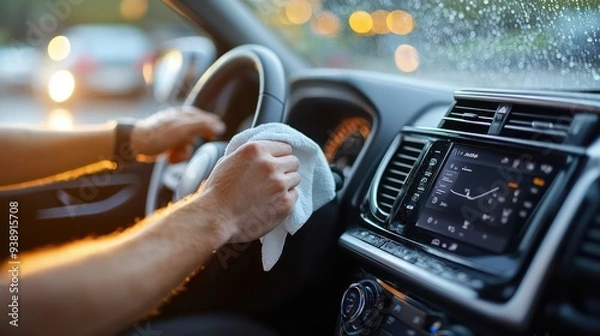 Fototapeta Man wiping the dashboard of a car Keep your car's interior clean and fresh with a simple task.