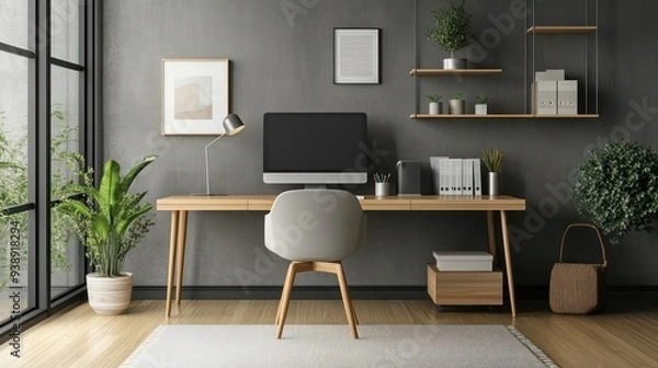 Fototapeta Minimalist home office setup with modern desk Ergonomic chair and clean lines Great for productive virtual meetings.