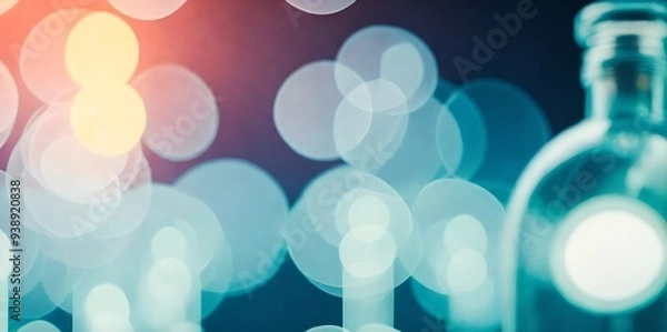 Fototapeta Abstract close-up of glass bottle in labolatory with blurred bokeh lights in the background
