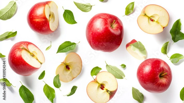 Fototapeta Red Apples with Leaves Pattern on White Background