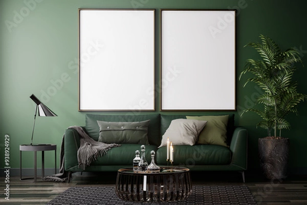 Fototapeta Modern style green wall living room with blank picture frame for copy space 3d render decorated with green leather sofa and palm tree