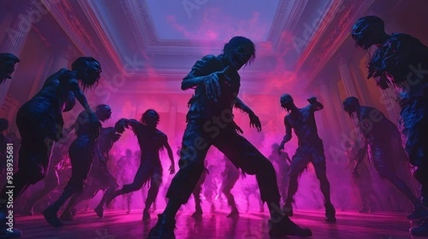 Fototapeta dance party where attendees are dressed as zombies and other spooky characters