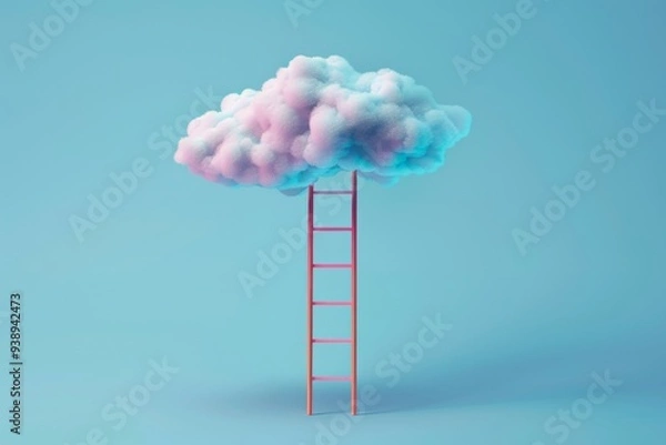 Obraz A colorful cloud resting atop a pink ladder against a blue background symbolizes dreams and aspirations in an imaginative and whimsical setting