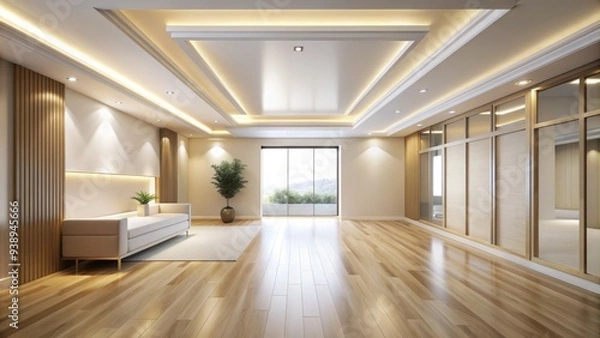 Fototapeta Modern minimalist interior with a smooth, creamy white ceiling and subtle lighting, creating a sense of calmness and serenity in the empty room space.