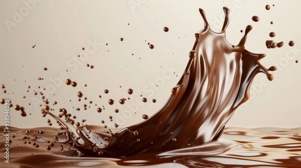 Fototapeta A splash of liquid chocolate creating dynamic waves as it strikes a smooth surface, captured in delicate detail against a neutral background