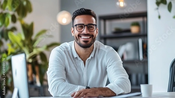 Obraz Modern office scene with a stylish Hispanic businessman working on an e-commerce startup, smiling