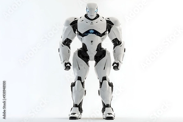 Fototapeta Futuristic humanoid robot stands in a white background.